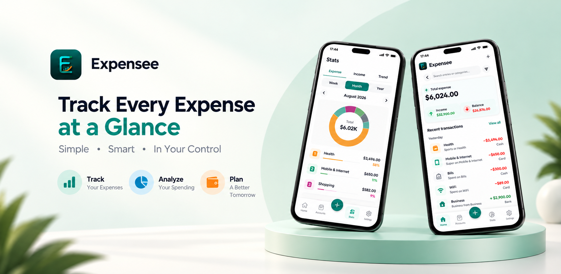 Expensee app screens showing a monthly category chart, spending summary, account balance and recent transactions
